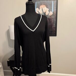 LOFT Black V-Neck Sweater with White Trim
